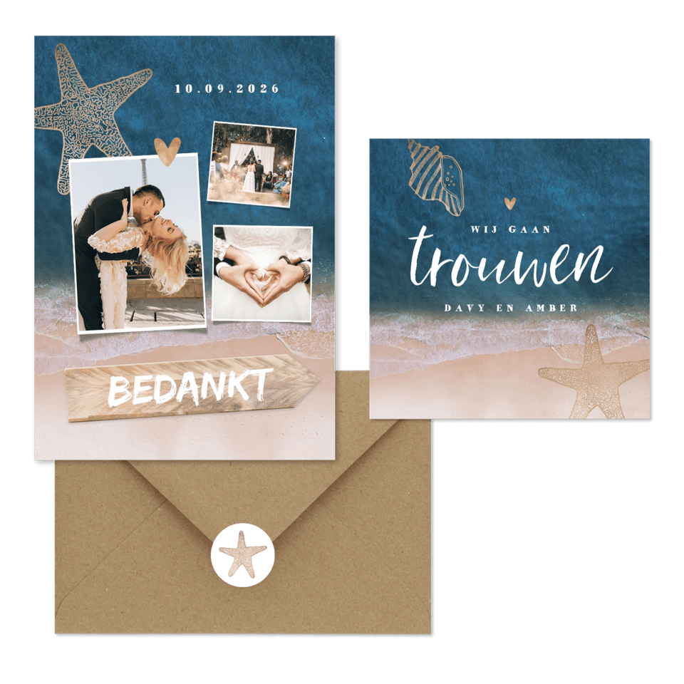 Unieke trouwkaartenset strandthema met goud