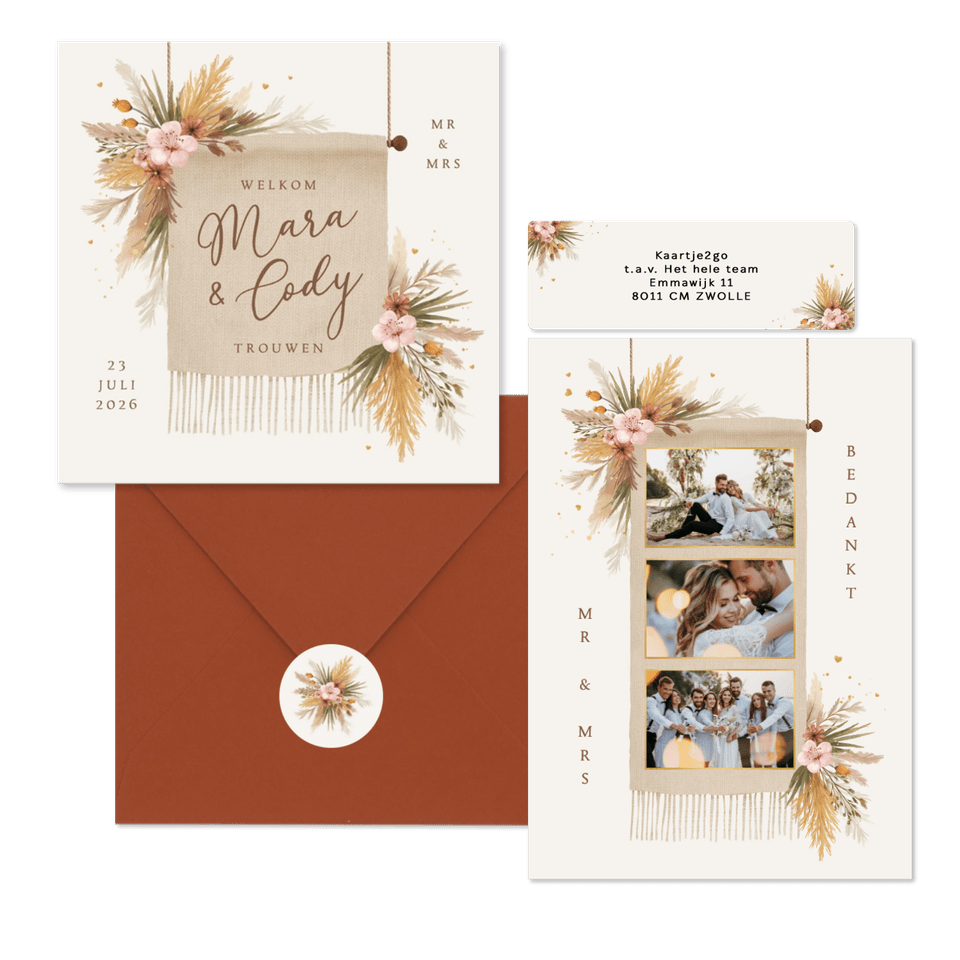 Trouwkaarten romantisch bohemian droogbloemen en gras