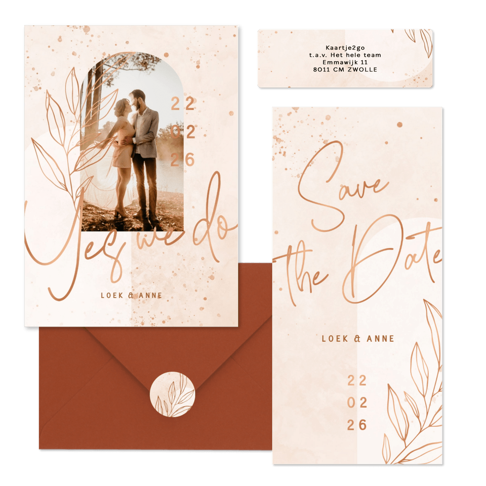 Trouwset bohemian lichtroze met koper