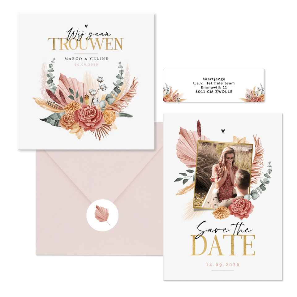 Trouwset met geschilderde roze droogbloemen