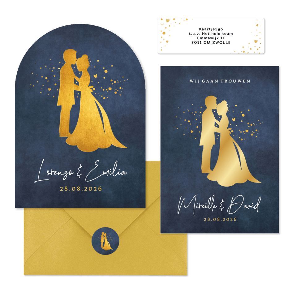 Trouwset met gouden silhouetten en spetters