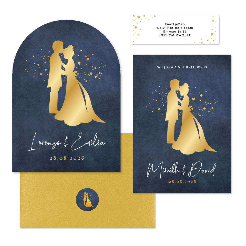 Trouwset met gouden silhouetten en spetters