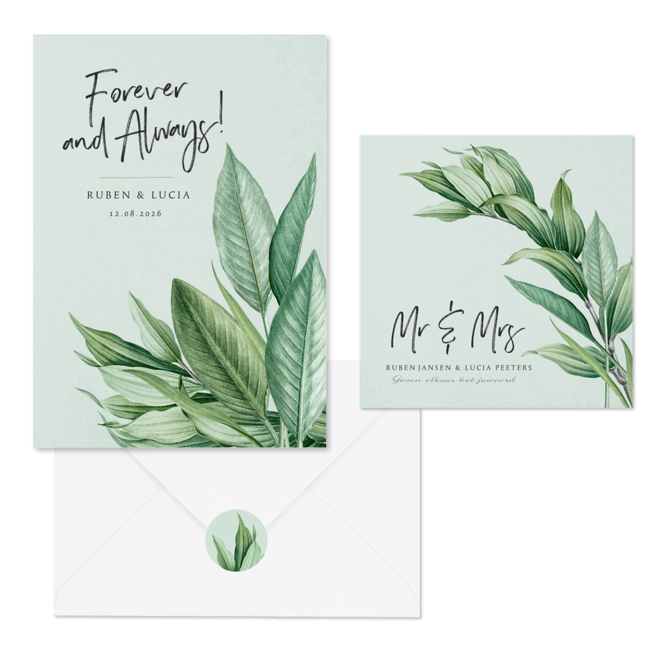 Botanische trouwset met groene bladeren