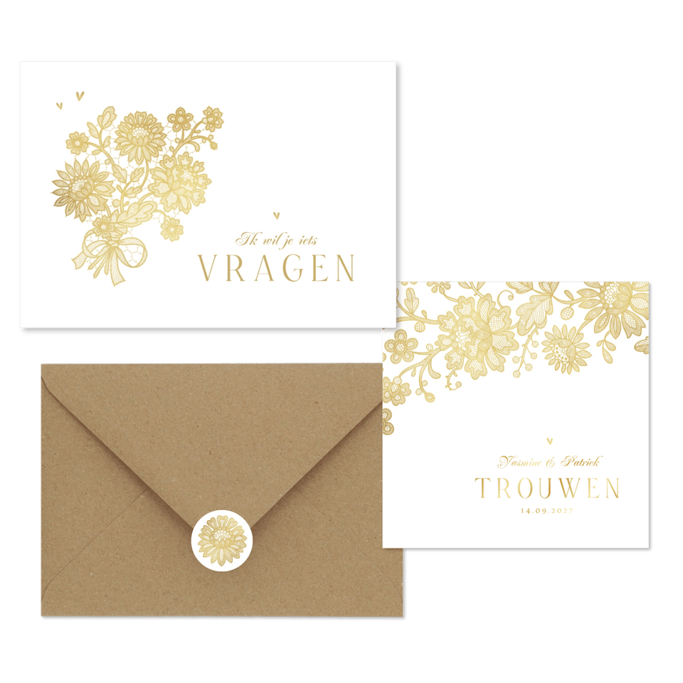 Trouwset klassiek vintage goud kant bloemen