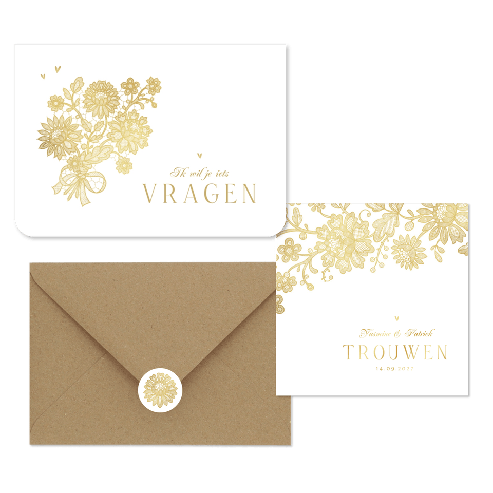 Trouwset klassiek vintage goud kant bloemen