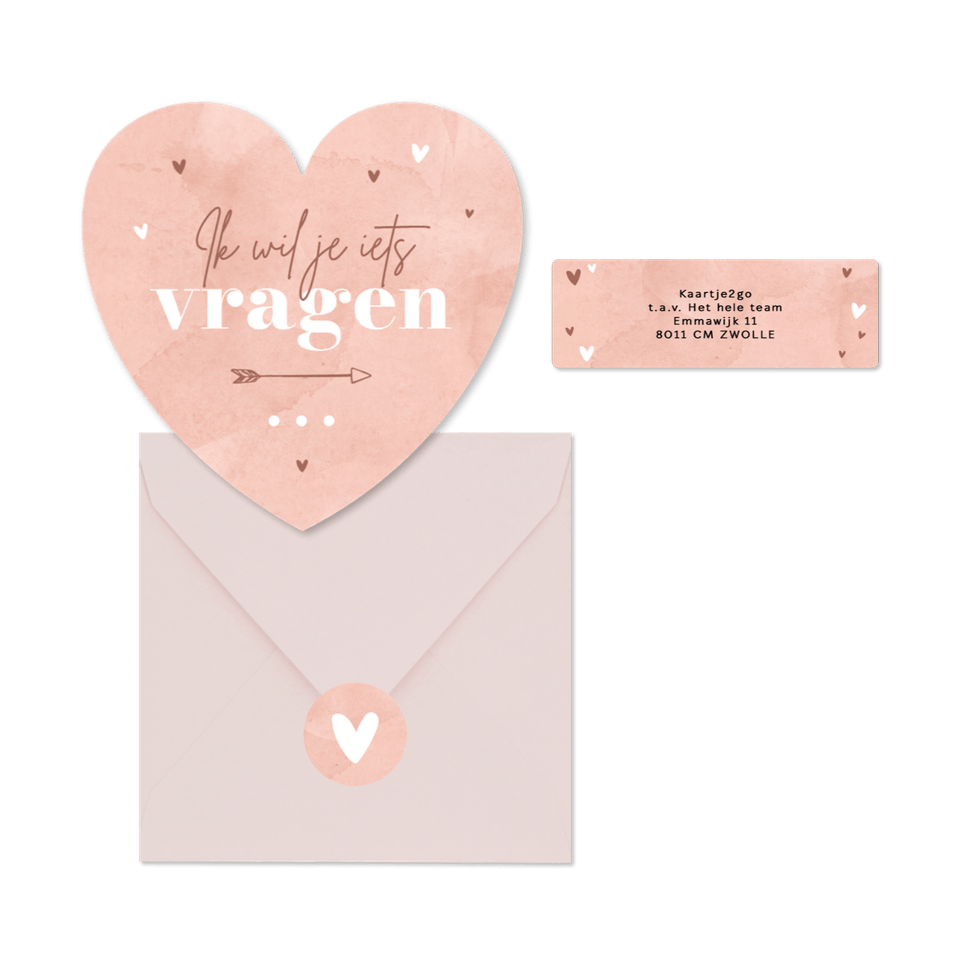 Trouwkaarten roze waterverf hip hartjes ticket