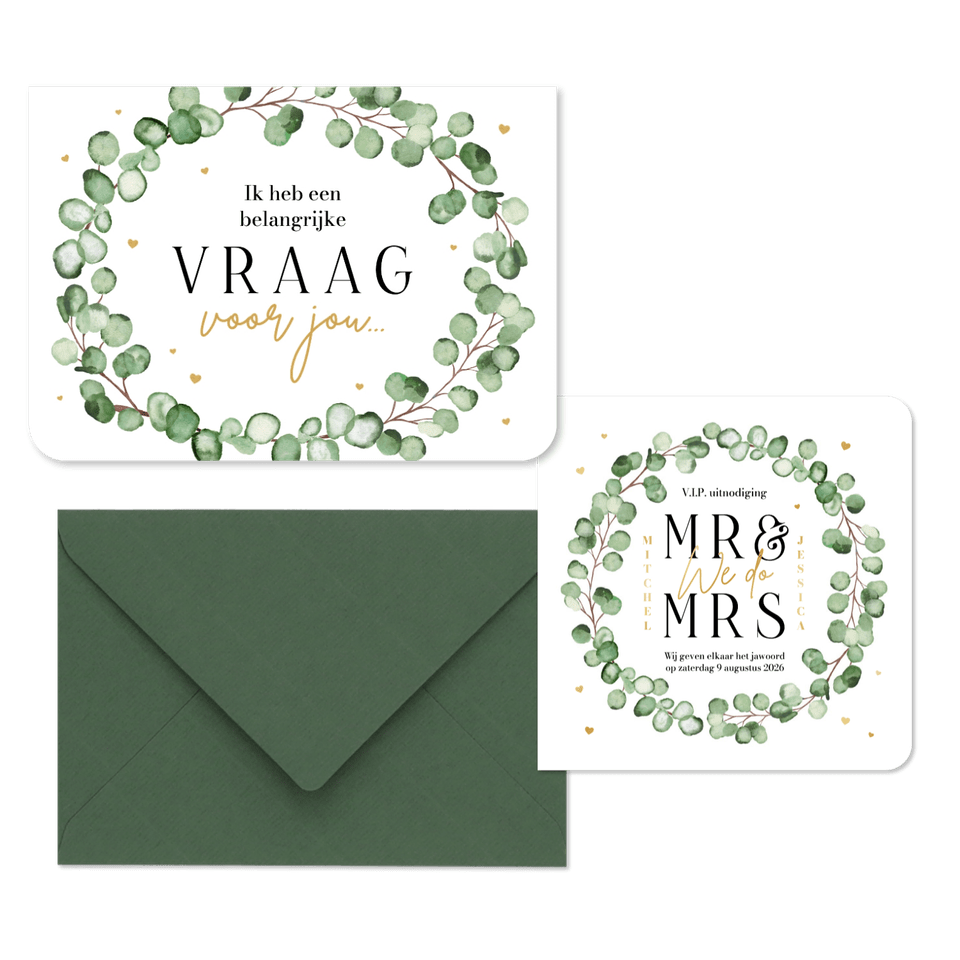 Trouwkaarten set eucalyptus stijlvol hip modern hartjes goud romantisch