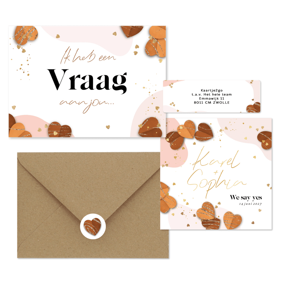 Trouwset organisch, warme tinten en hartjes