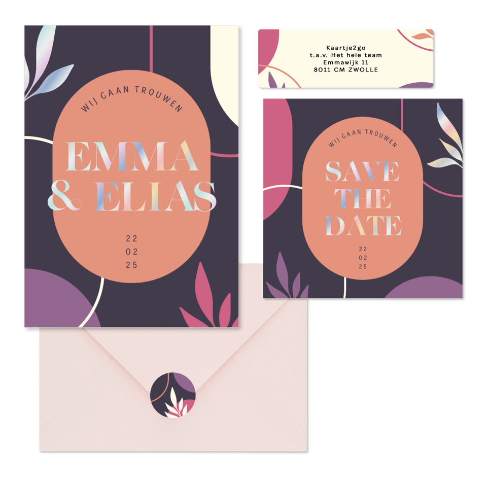 Trouwset donker met abstracte vormen paars