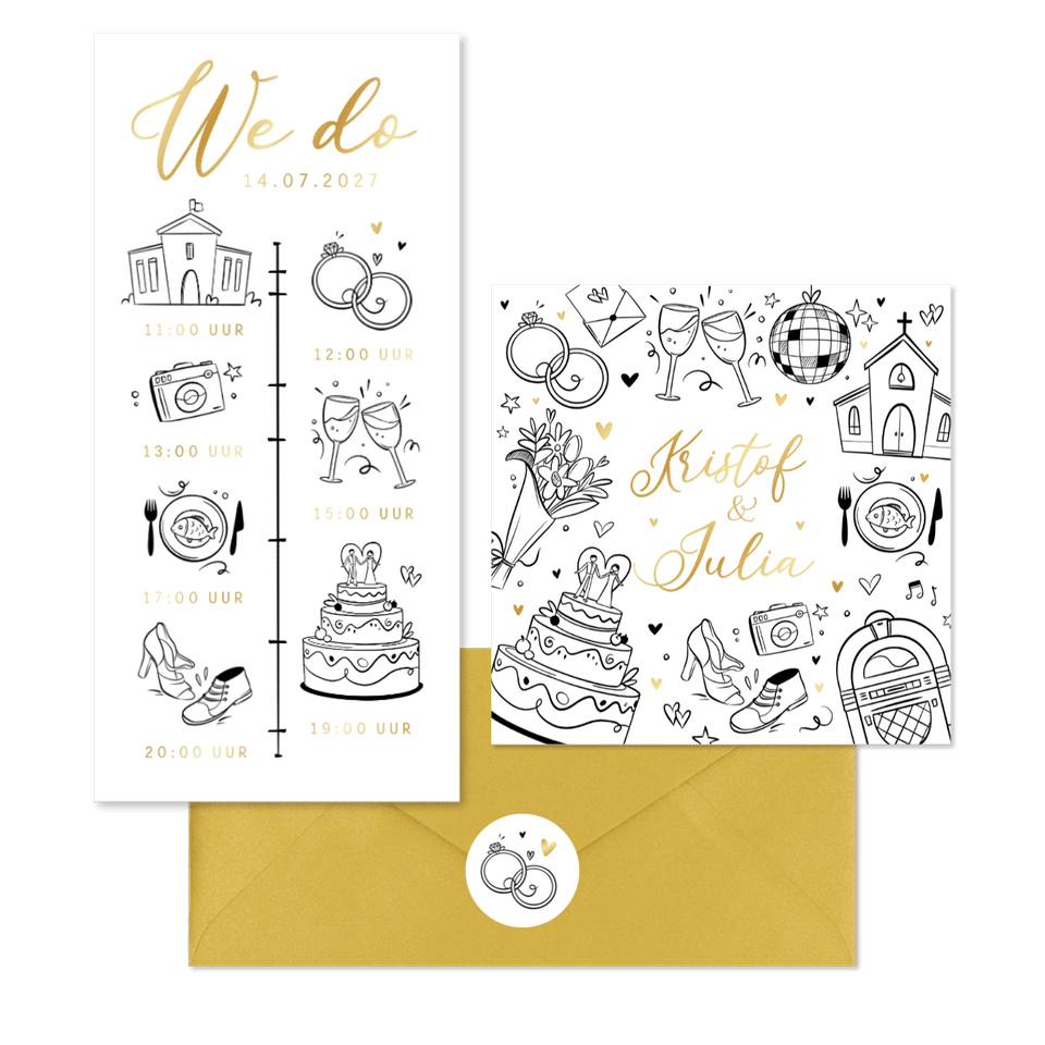Trouwset doodle illustratie tijdlijn goud