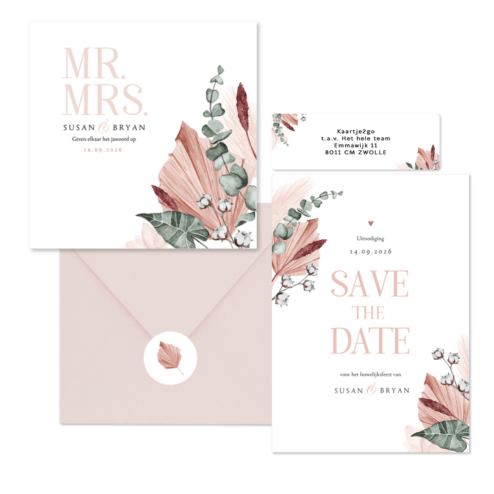 Trouwset droogbloemen roze geschilderd