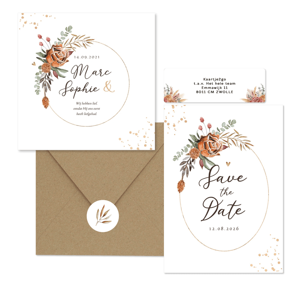 Droogbloemen trouwset met goudaccenten