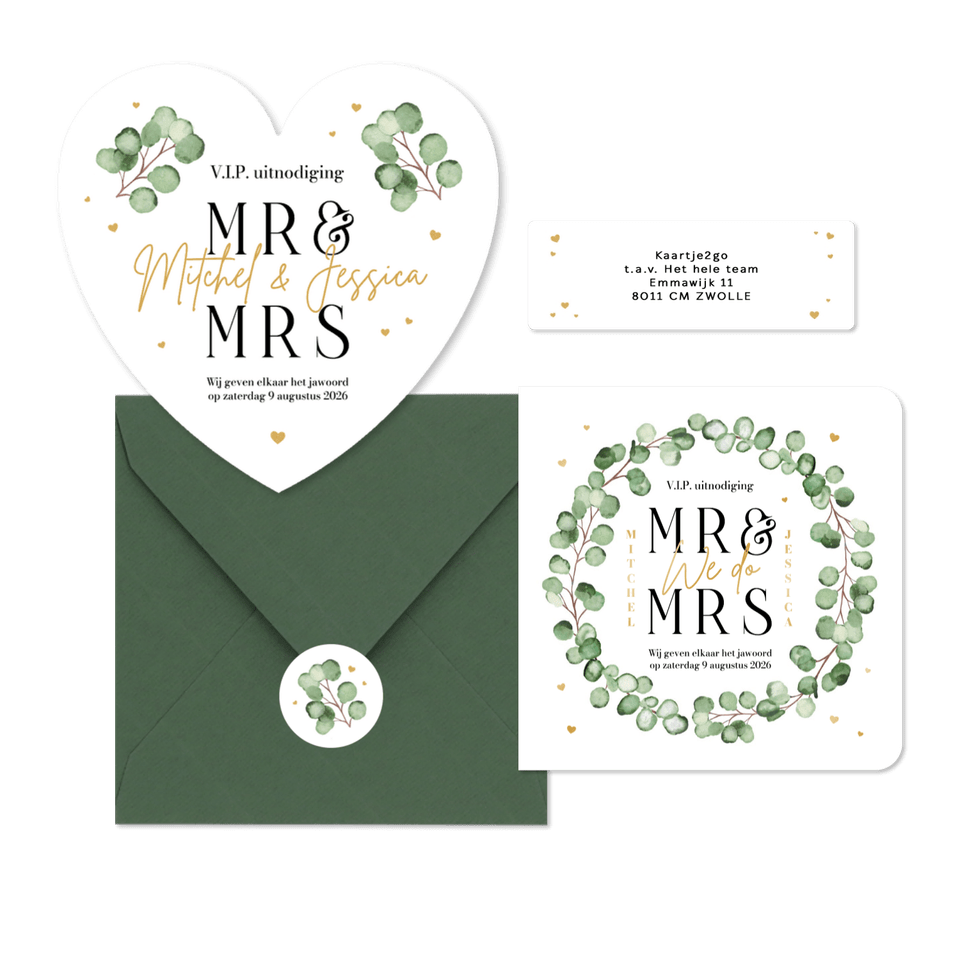 Trouwkaarten set eucalyptus stijlvol hip modern hartjes goud romantisch