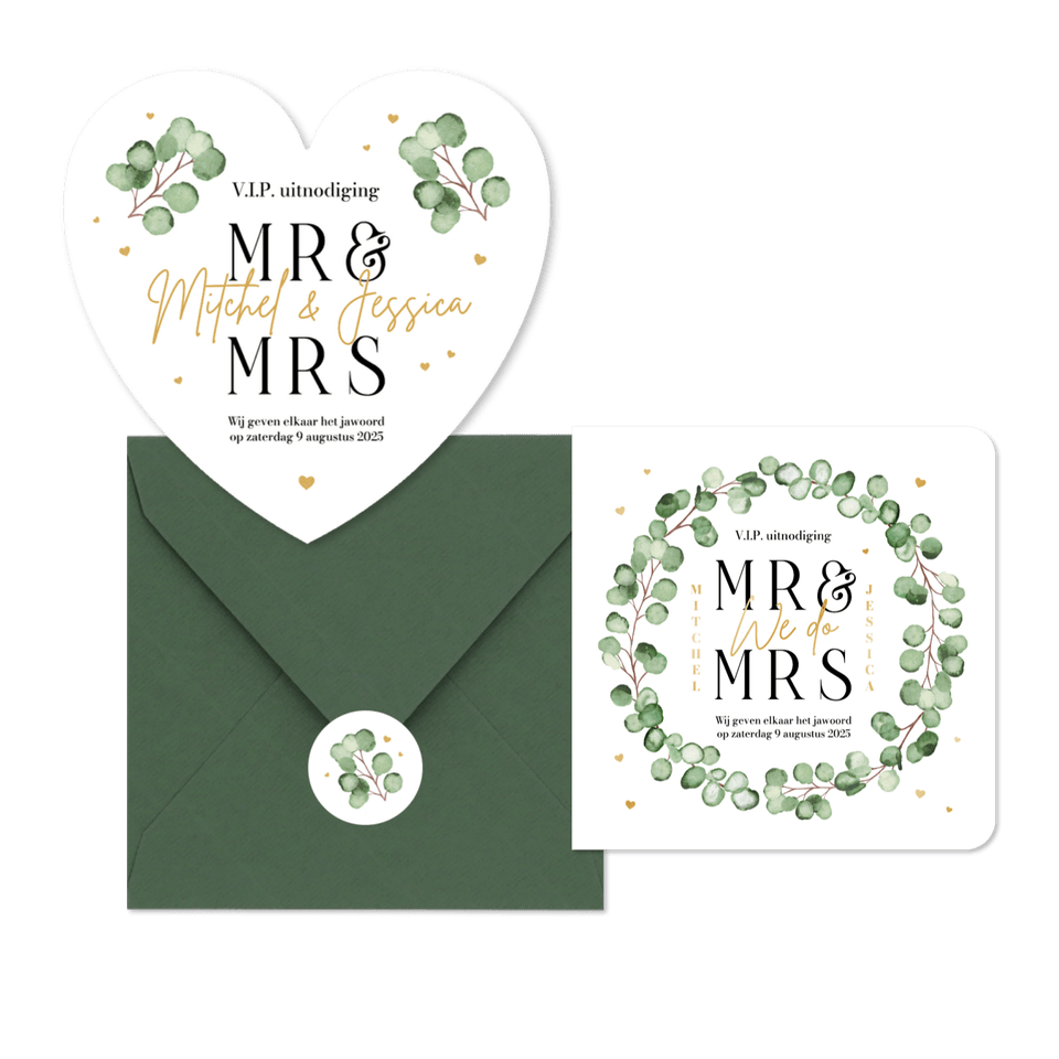 Trouwkaarten set eucalyptus stijlvol hip modern hartjes goud romantisch
