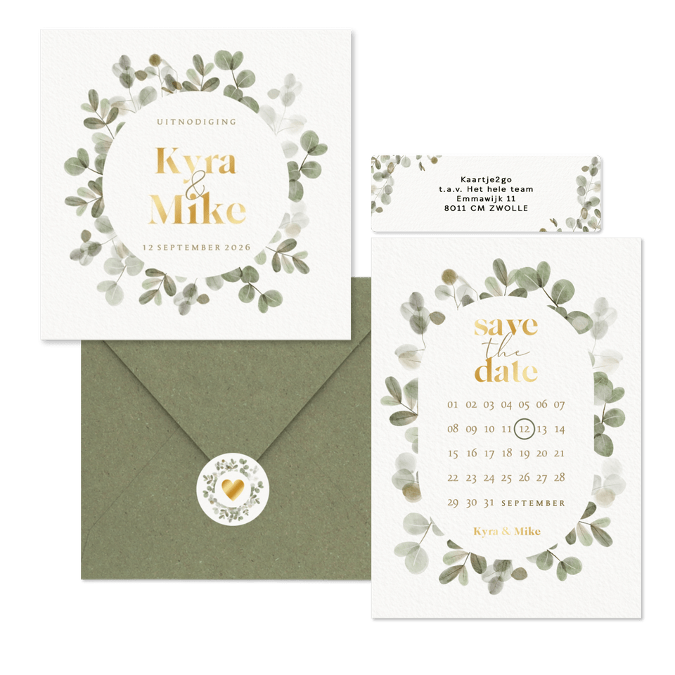 Trouwset botanisch waterverf eucalyptus wit