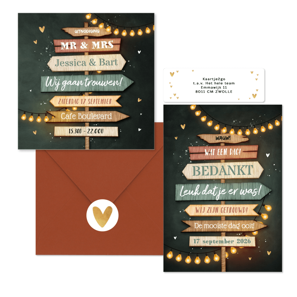 Trouwkaarten set festival wegwijzers hout lampjes