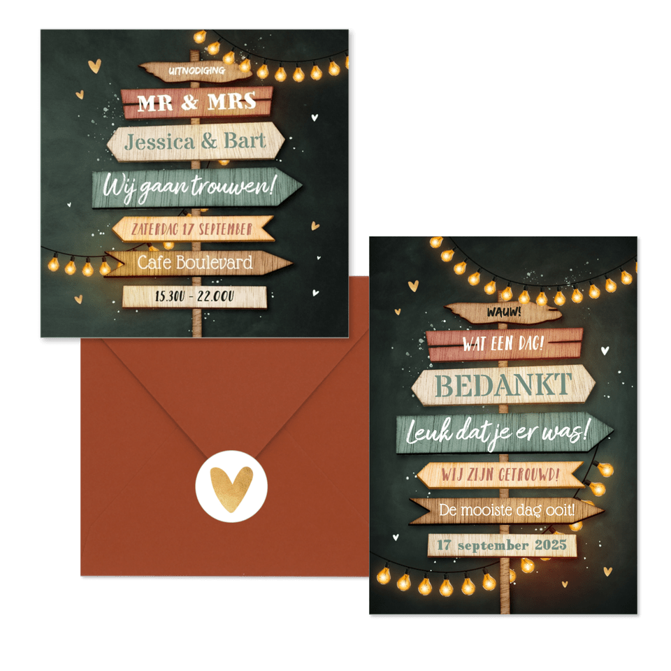 Trouwkaarten set festival wegwijzers hout lampjes