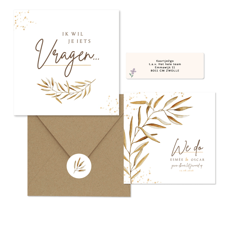 Bohemian trouwset gedroogd takje met goud