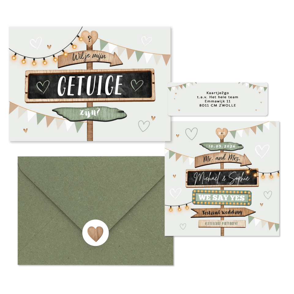 Festival thema trouwset met houten wegwijzers