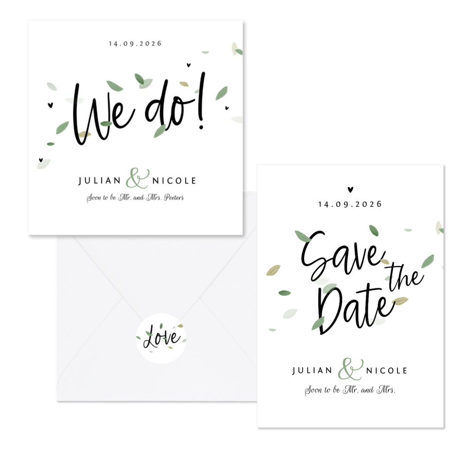 Trouwkaartenset duurzaam eco blaadjes groen