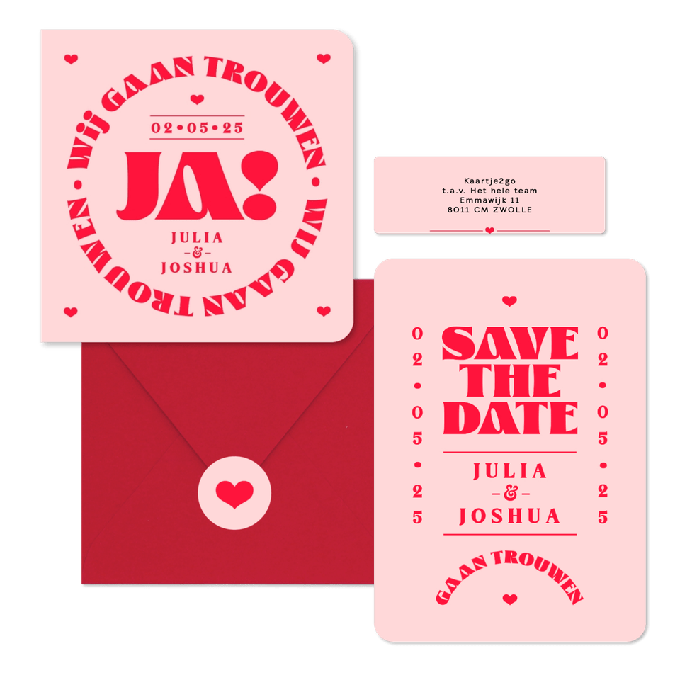 Trouwkaarten set modern typografisch romantisch hip roze rood