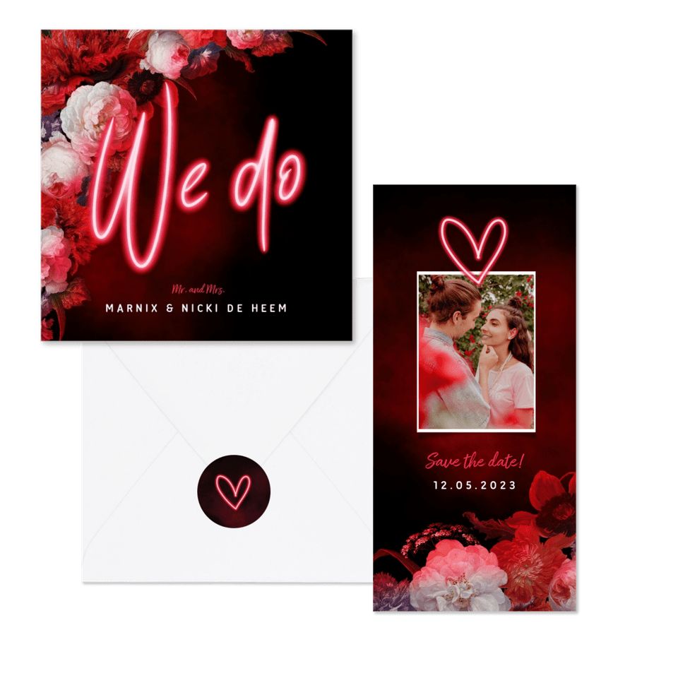 Neon trouwkaartenset met bloemen