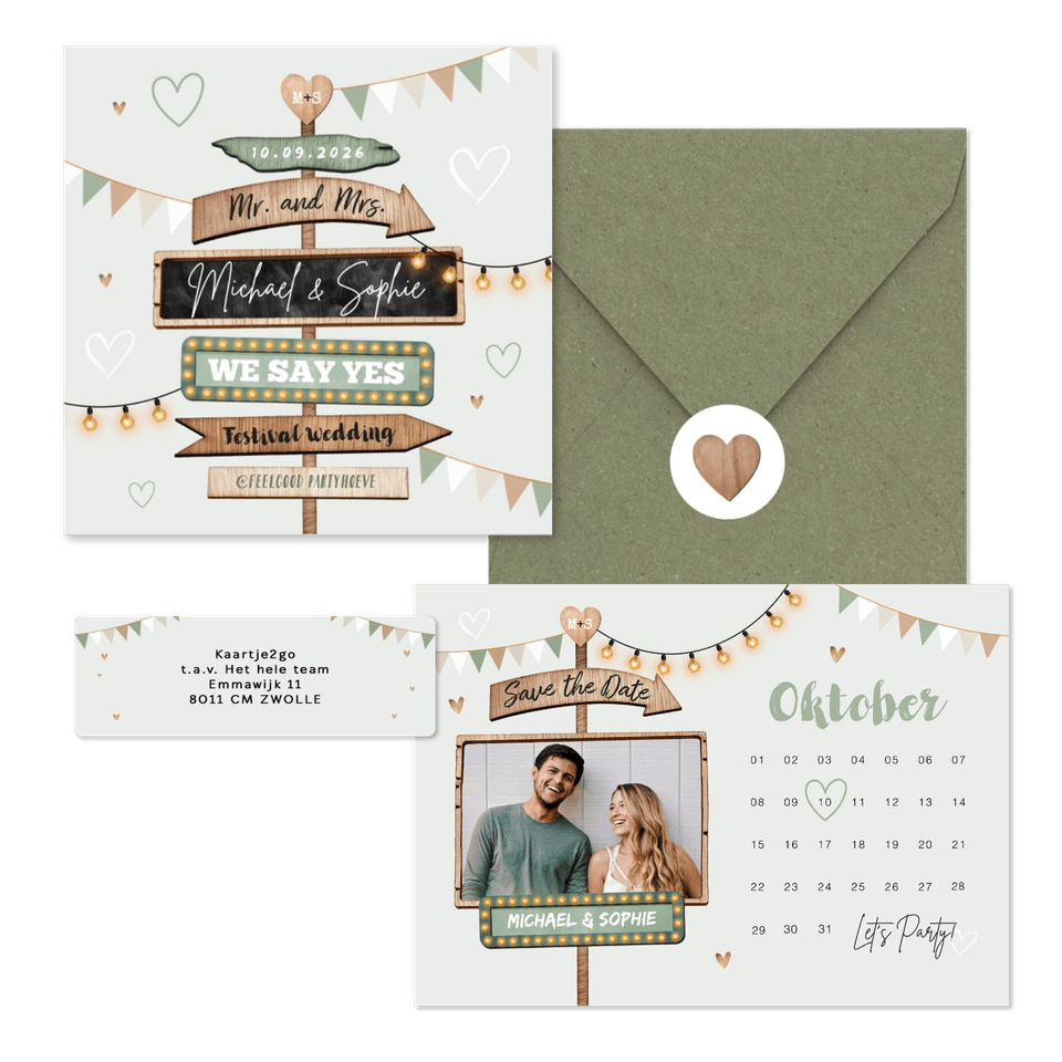 Festival thema trouwset met houten wegwijzers