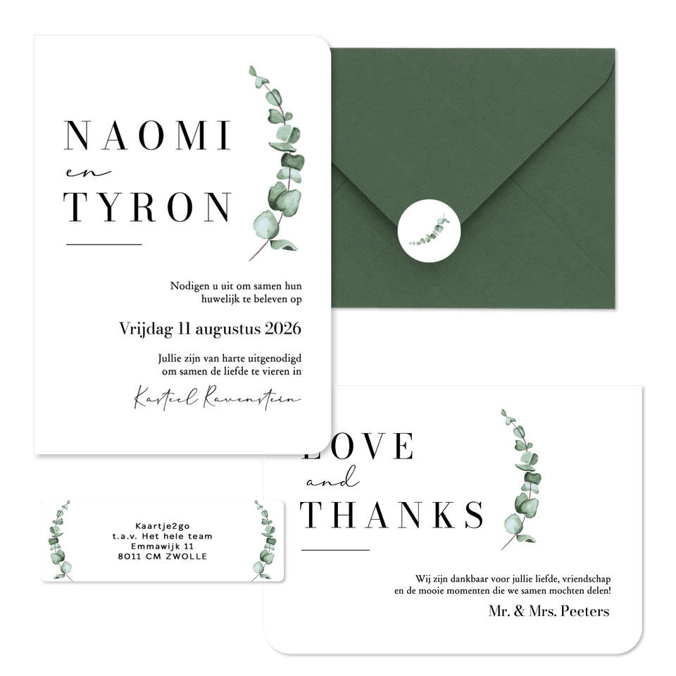 Trouwkaarten set klassiek stijlvol eucalyptus waterverf grafisch