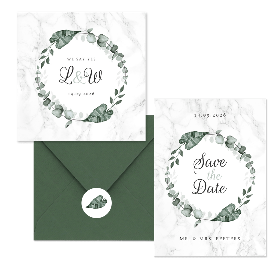 Trouwkaarten marmer en eucalyptus bladeren