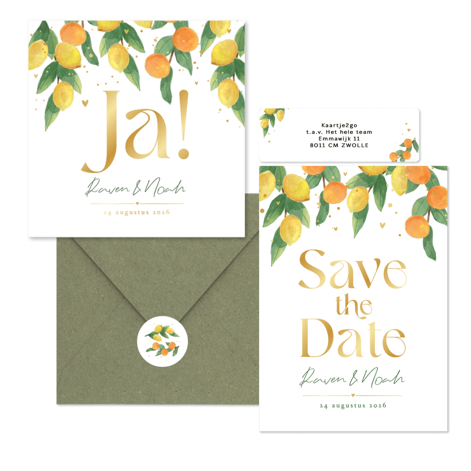 Trouwkaarten mediterrane zomer citroenen mandarijnen fris waterverf goud