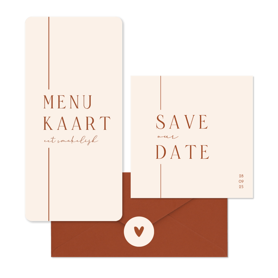 Trouwset minimalistische beige met terracotta lijn