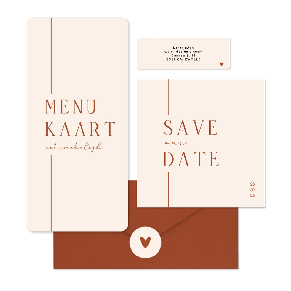 Trouwset minimalistische beige met terracotta lijn