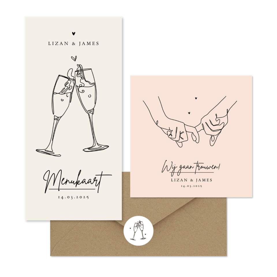 Minimalistische trouwset lijntekening pastel