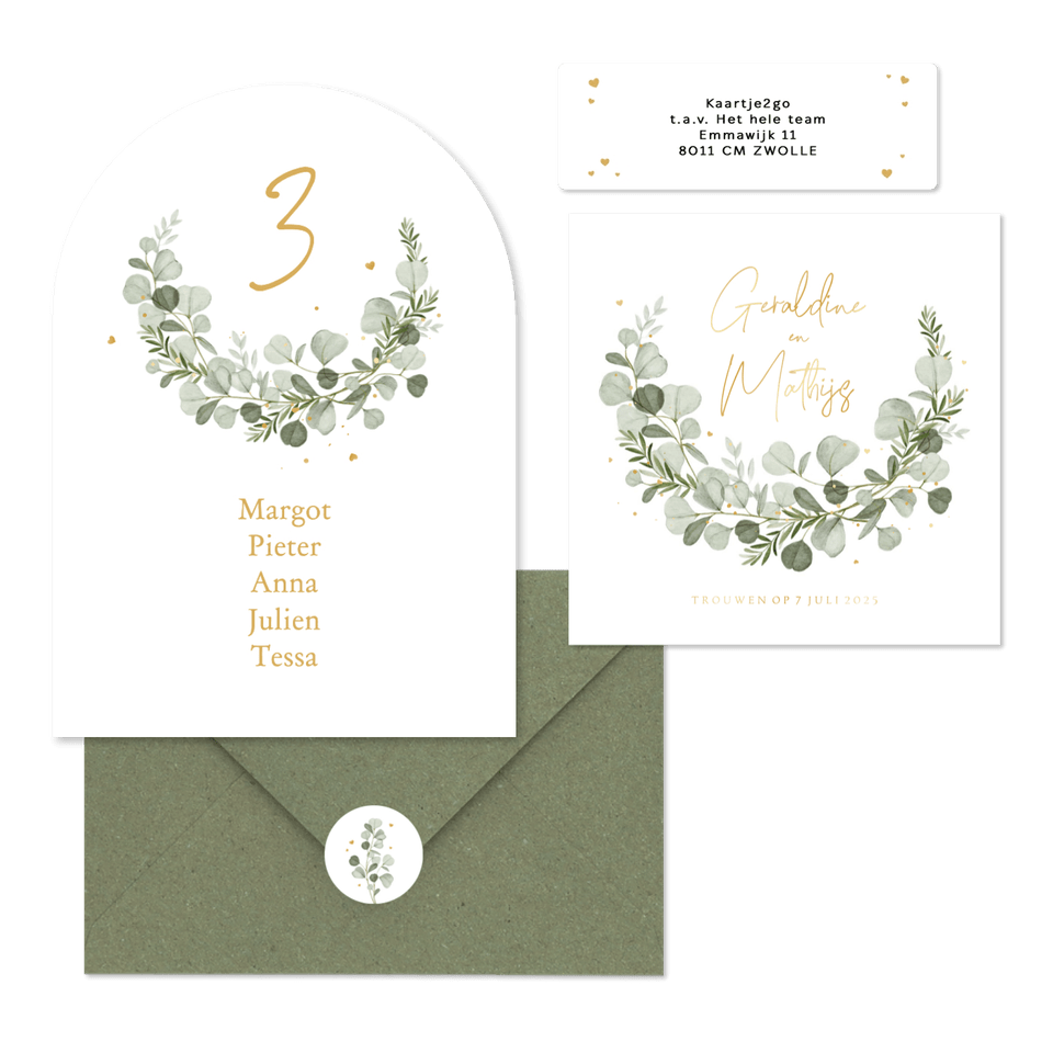 Eucalyptus trouwset goud hartjes spetters