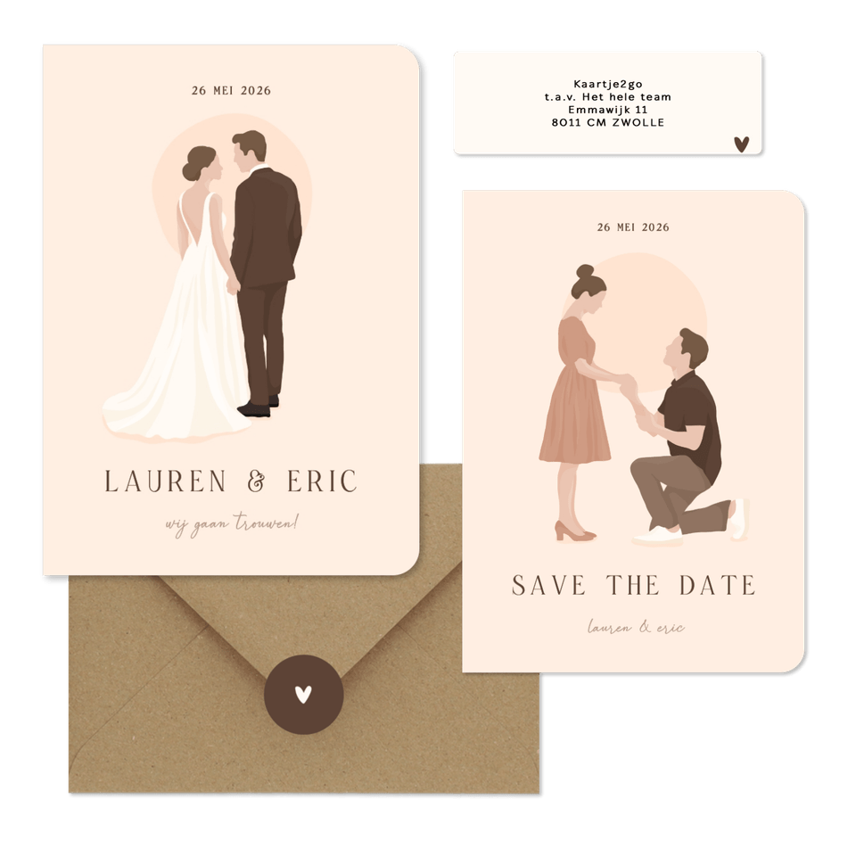 Trouwset met illustratie portretten van bruidspaar