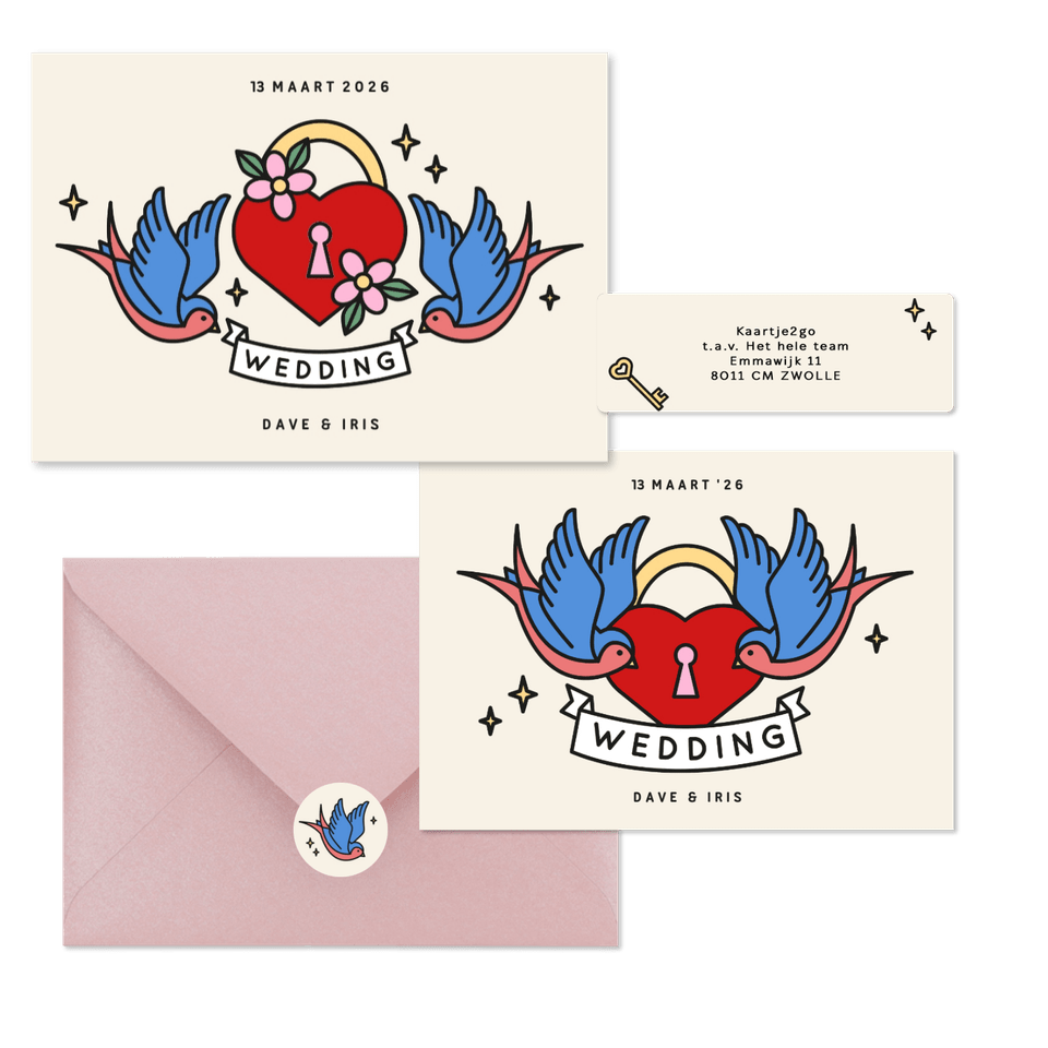 Trouwkaarten met tattoo stijl illustraties