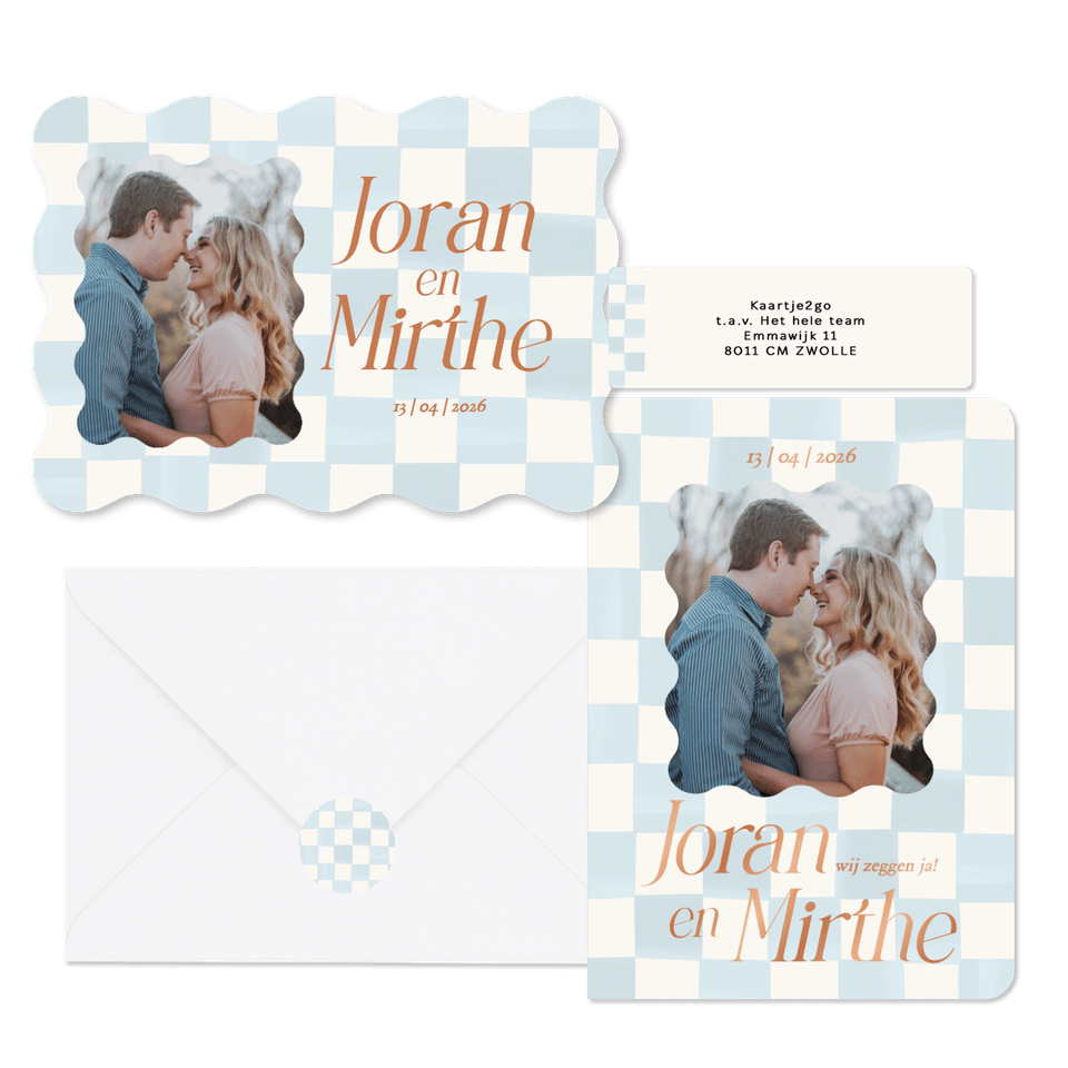 Trendy trouwset met lichtblauwe blokjes en koperfolie