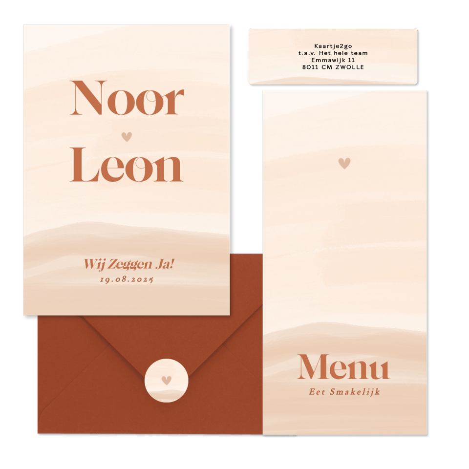 Waterverf trouwkaartenset in beige oranje tinten