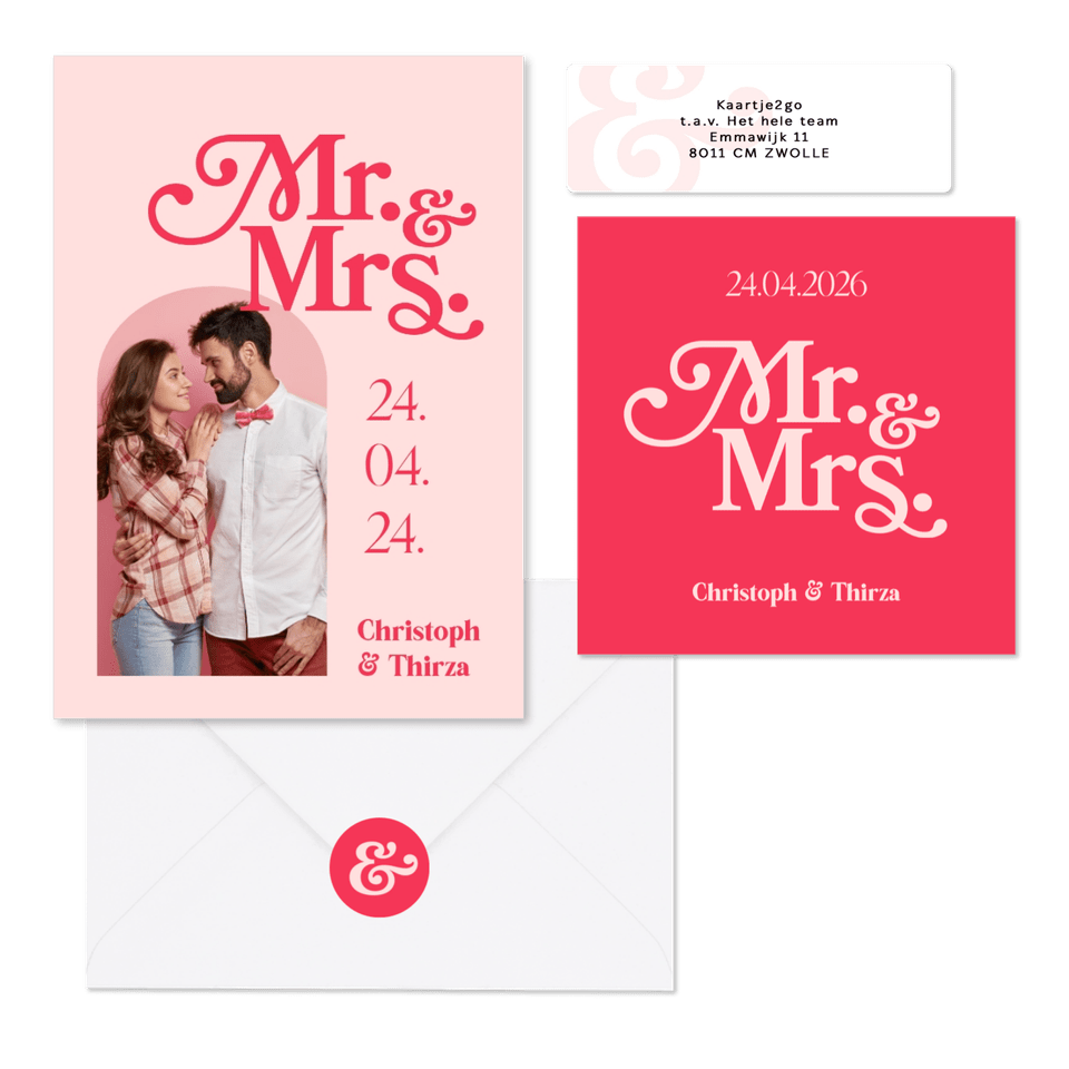 Trouwkaartenset grafische moderne set felroze