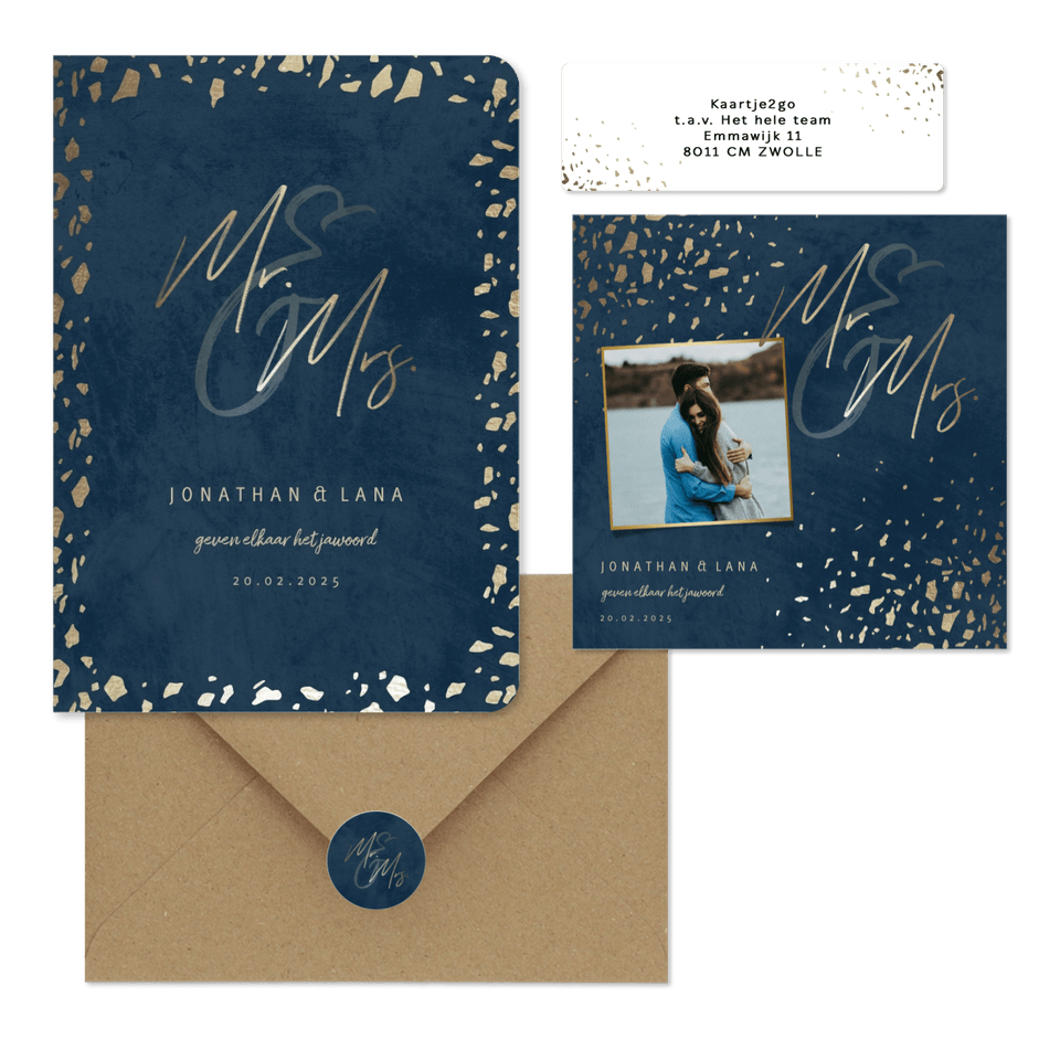 Donkerblauwe trouwset met gouden terrazzo