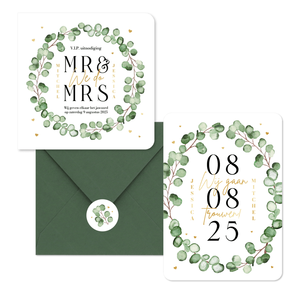 Trouwkaarten set eucalyptus stijlvol hip modern hartjes goud romantisch