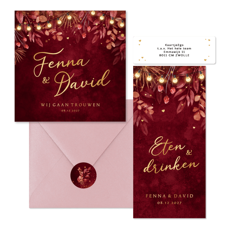 Trouwkaarten romantisch rood lampjes takjes hartjes