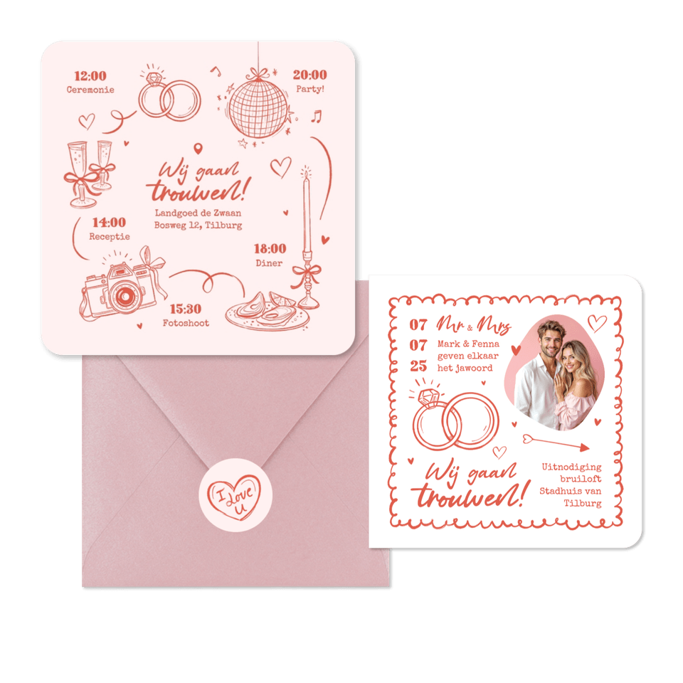 Trouwkaarten hip romantisch doodle illustraties roze