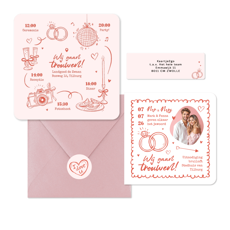 Trouwkaarten hip romantisch doodle illustraties roze