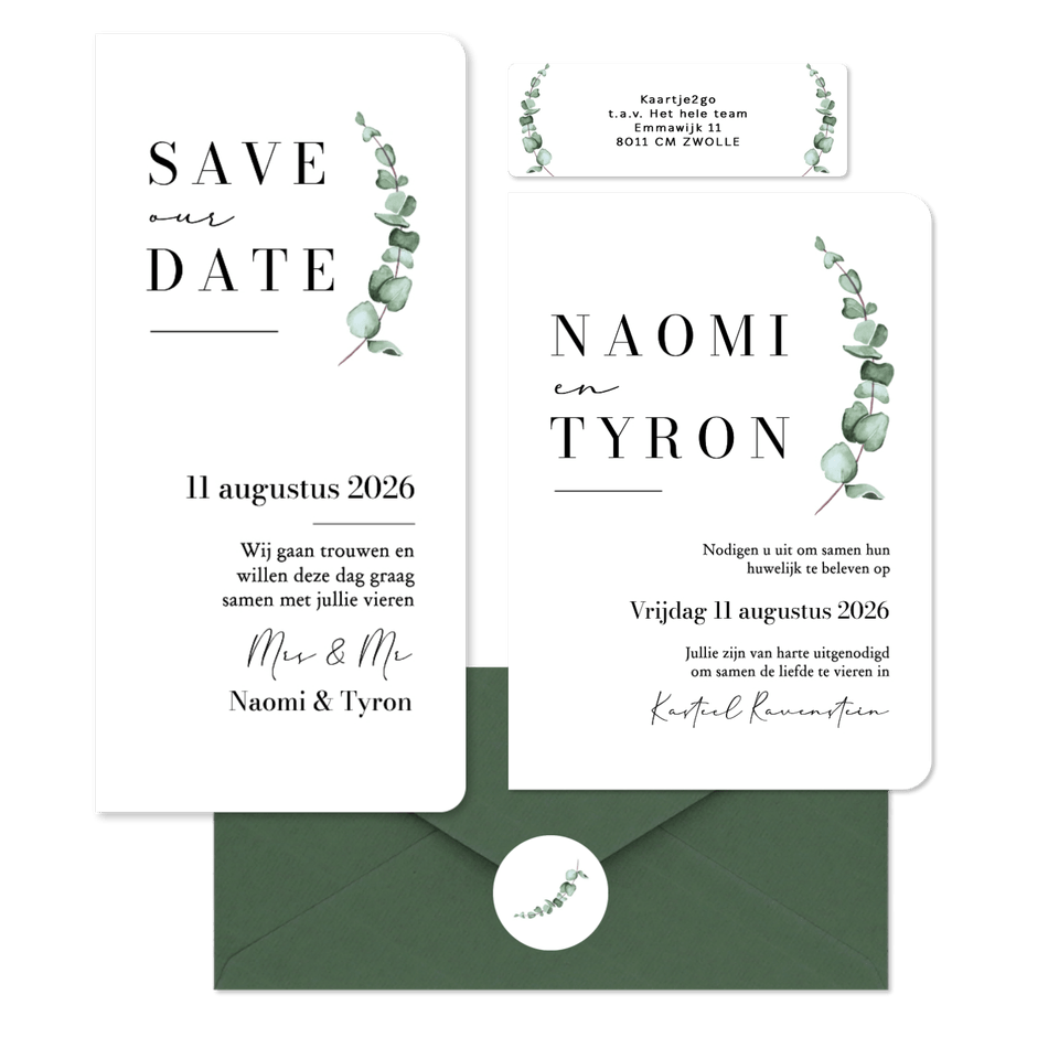 Trouwkaarten set klassiek stijlvol eucalyptus waterverf grafisch