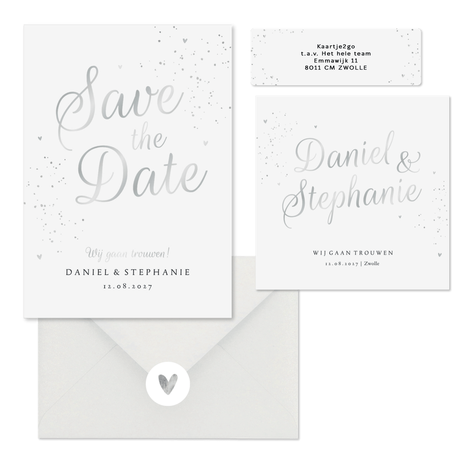 Klassieke trouwkaarten zilver spetters hartjes