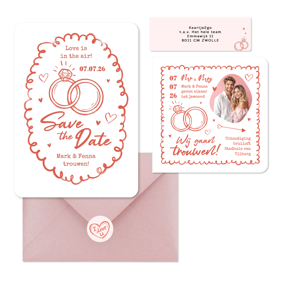 Trouwkaarten hip romantisch doodle illustraties roze