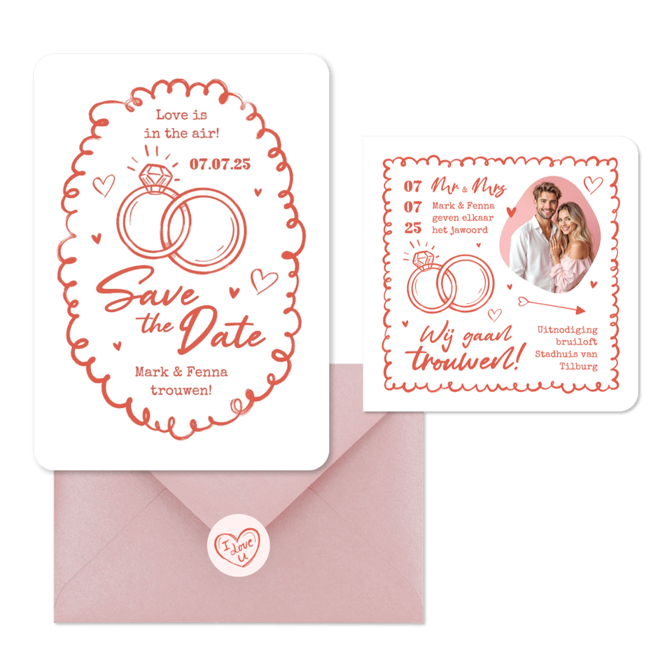 Trouwkaarten hip romantisch doodle illustraties roze