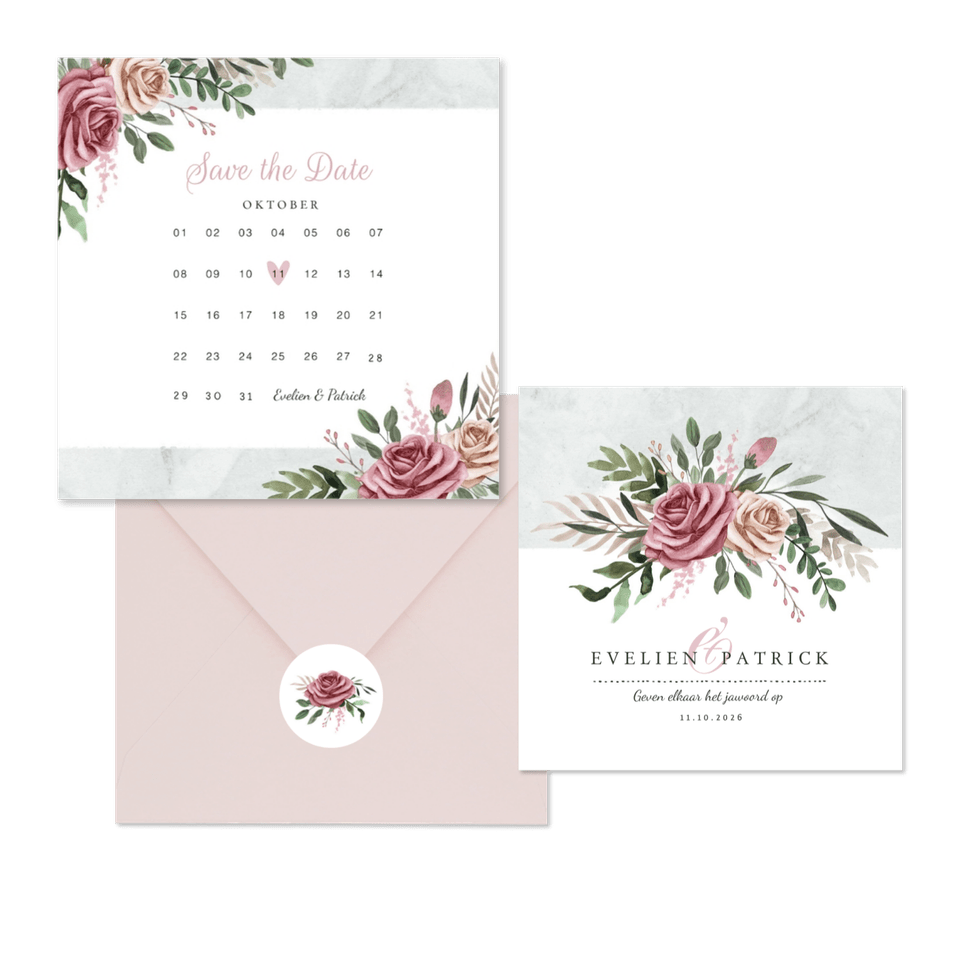 Trouwkaarten stijlvol aquarel rozen en takjes