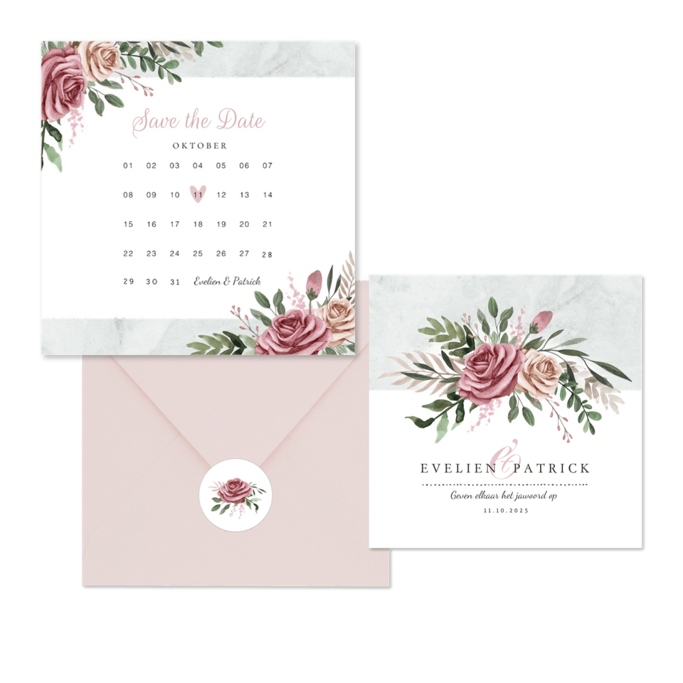 Trouwkaarten stijlvol aquarel rozen en takjes